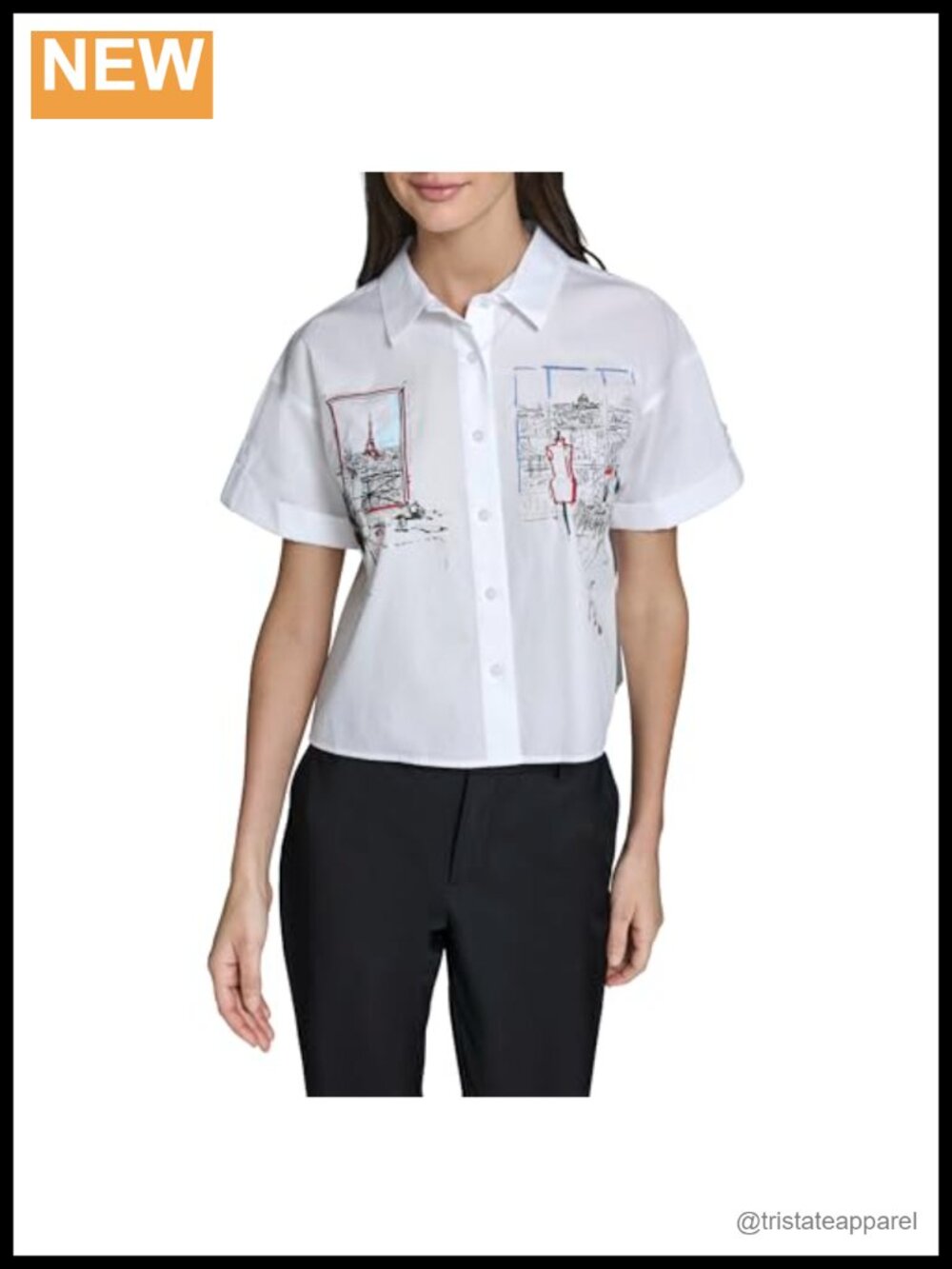 Whimsical Paris Scene Floral Print Cotton Blouse - Relaxed Fit Cap Sleeve